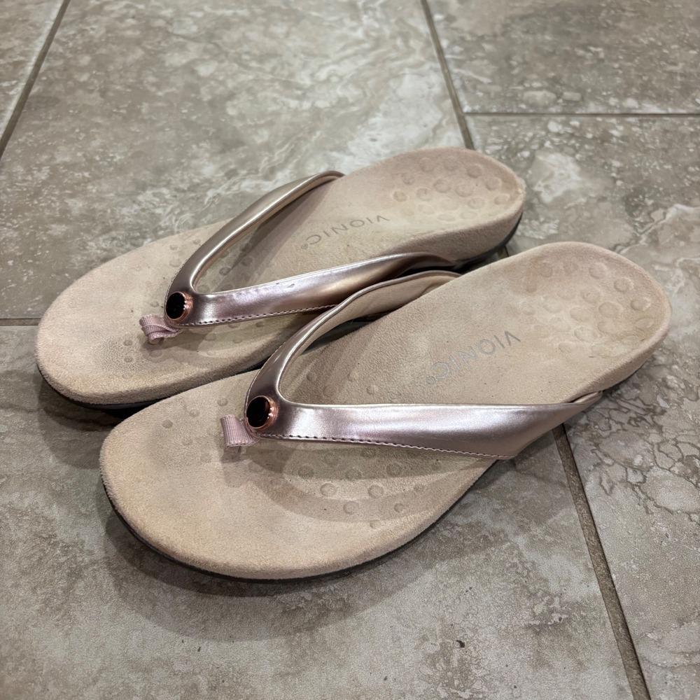 Vionic Davina Rose Gold Metallic Orthotic Flip Flop Sandals Womens 9